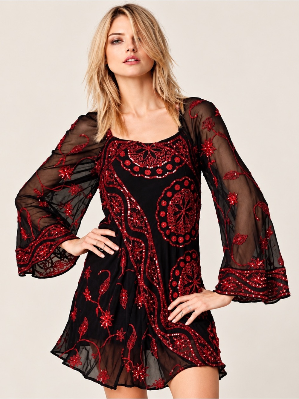 $350 Free People My Beloved Georgette Sequin Mini Dress Black Red 6 NWT